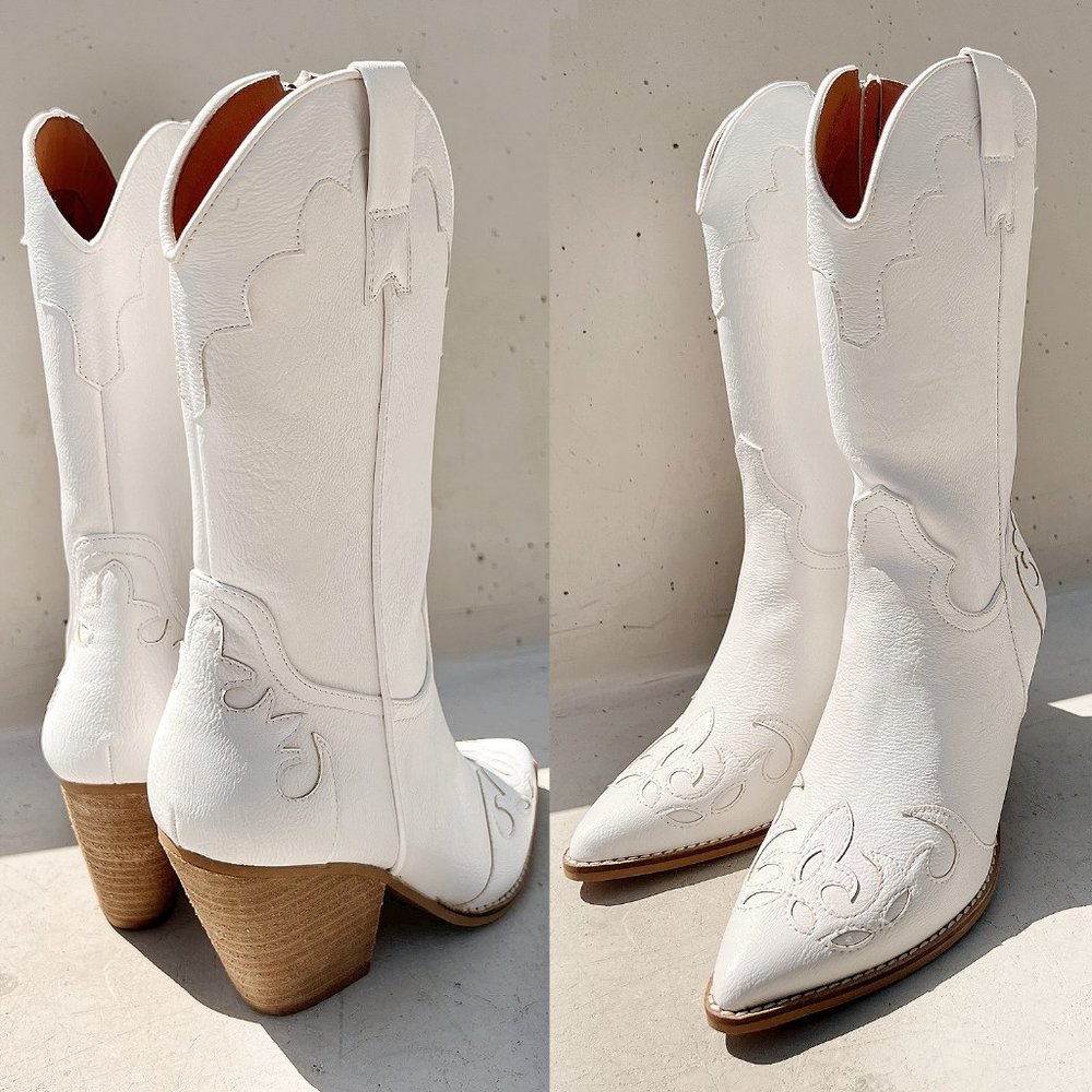 NEW White Western Cowgirl Cutout Applique Pointy Toe Block Heel Mid Calf Boots - Picture 16 of 16